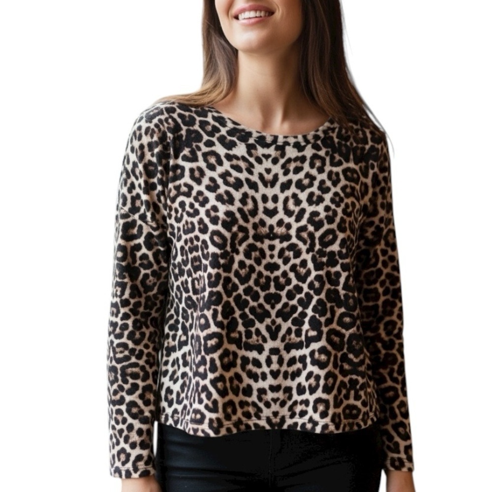 Orange Kiss Large Leopard Print Soft Jersey Knit Long Sleeve Casual Shirt